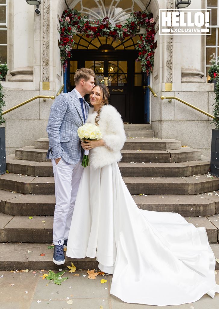 Maeva D'Ascanio and James Taylor HELLO! wedding exclusive posing outside Chelsea Old Town Hall