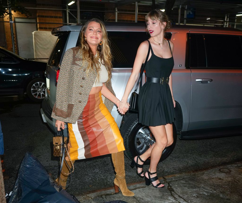 Blake Lively (L) and Taylor Swift are seen on September 30, 2023 in New York City