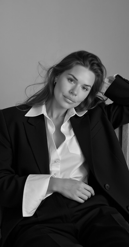 black and white headshot of a woman in a blazer and white shirt