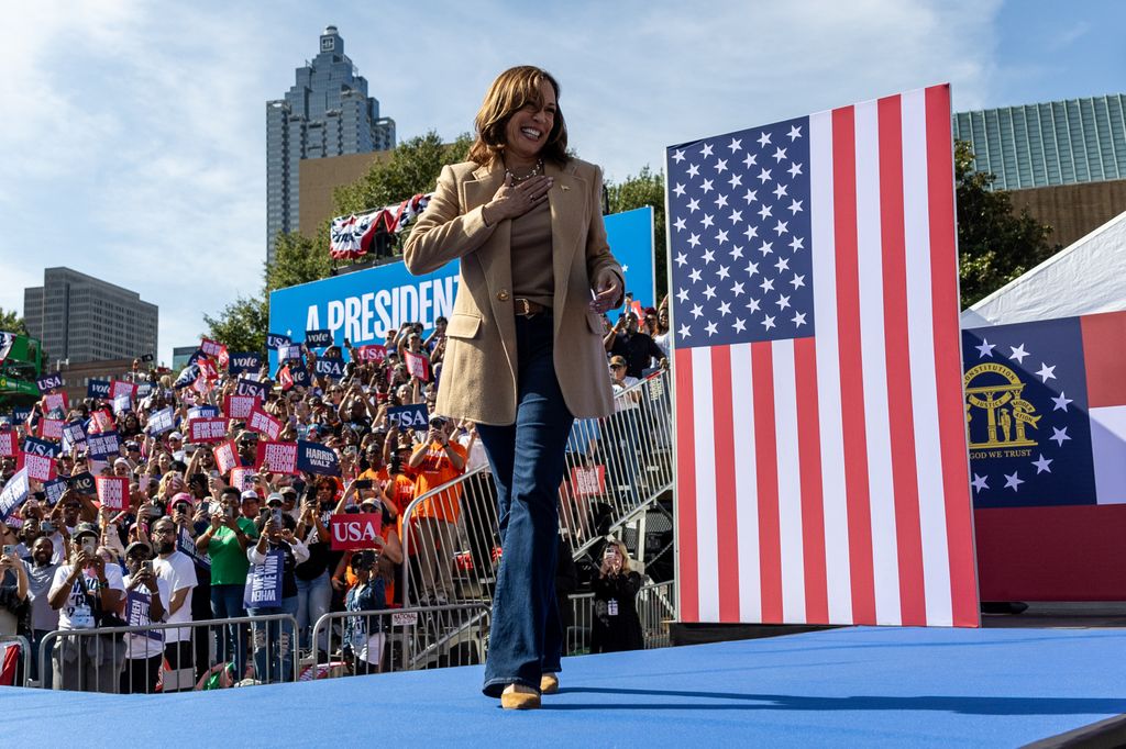 Kamala Harris greets supporters at a rally at the Atlanta Civic Center on November 2, 2024 