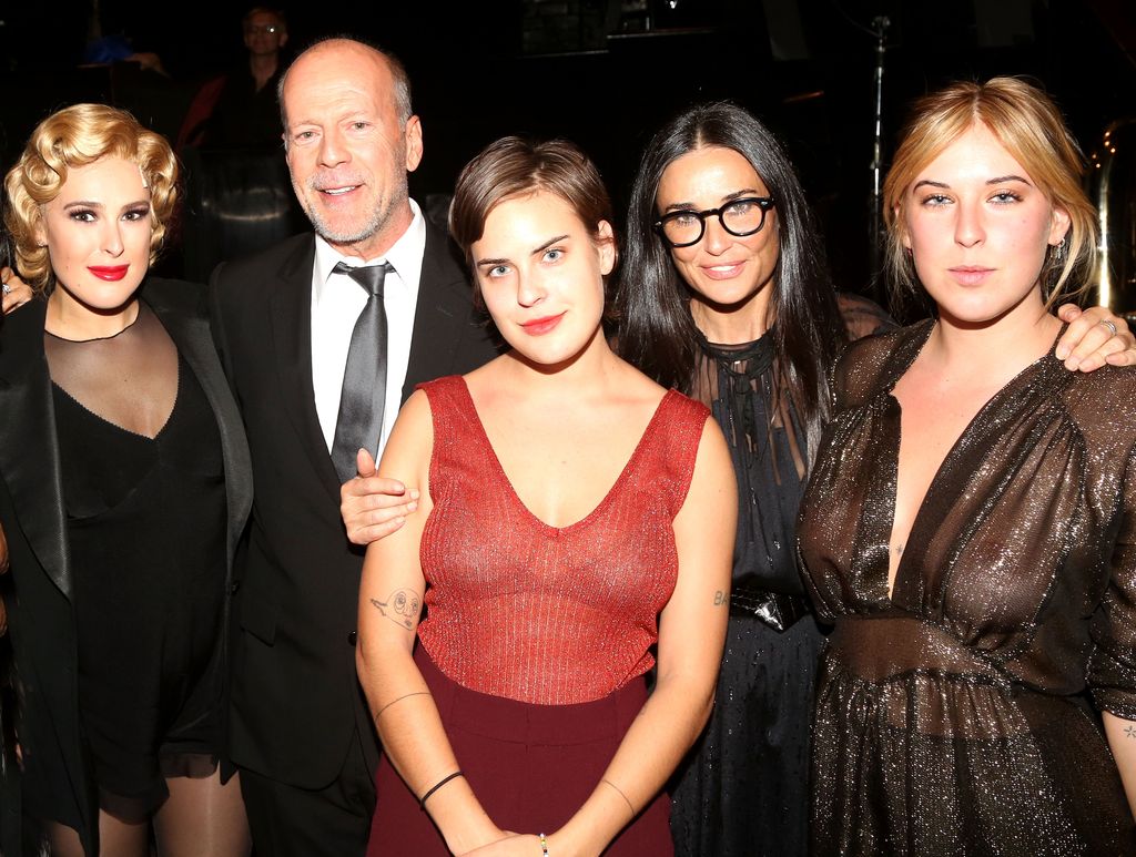 Rumer Willis, father Bruce Willis, sister Tallulah Belle Willis, mother Demi Moore and sister Scout LaRue Willis pose backstage as Rumer makes her broadway debut as "Roxie Hart" in Broadway's Chicago