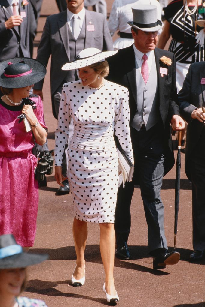 Diana, Princess of Wales attended Ascot race meeting in England, wearing a black and white spotted dress by Victor Edelstein and a Philip Somerville hat, June 1988.  