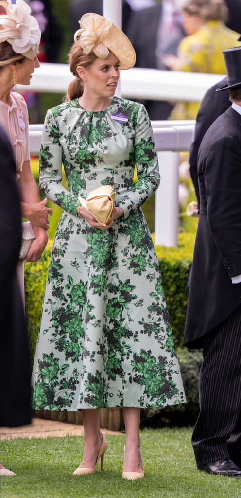 Princess Beatrice wearing a green floral dress and lemon accessories