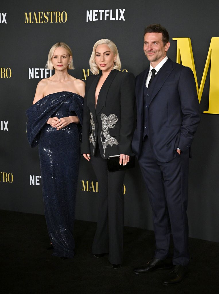 Carey Mulligan, Lady Gaga and Bradley Cooper attend Netflix's "Maestro" Los Angeles Photo Call at Academy Museum of Motion Pictures on December 12, 2023 in Los Angeles, California