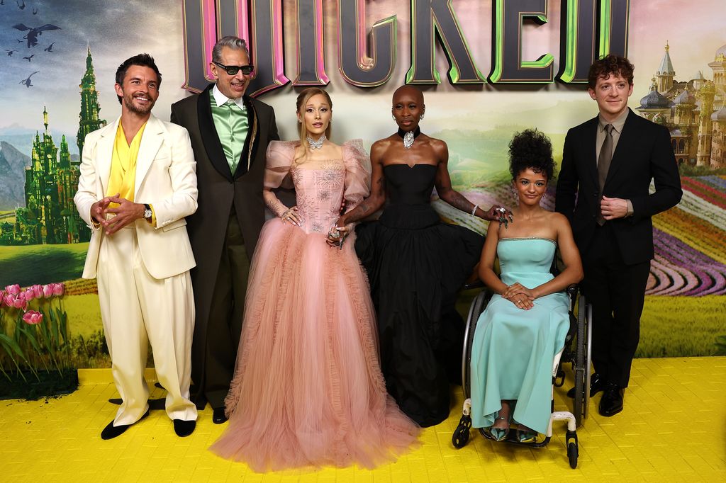 Jonathan Bailey, Jeff Goldblum, Ariana Grande, Cynthia Erivo, Marissa Bode and Ethan Slater attend the "Journey Through Oz" Tour to celebrate the Australian premiere of "Wicked" at State Theatre on November 03, 2024 in Sydney, Australia.