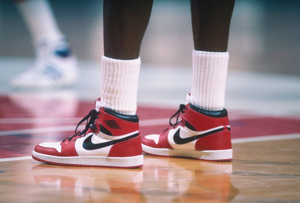 Detail of the "Air Jordan" Nike shoes worn by Chicago Bulls' center Michael Jordan #23 during a game against the Washington Bullets at Capital Centre circa 1985 in Washington, D.C.