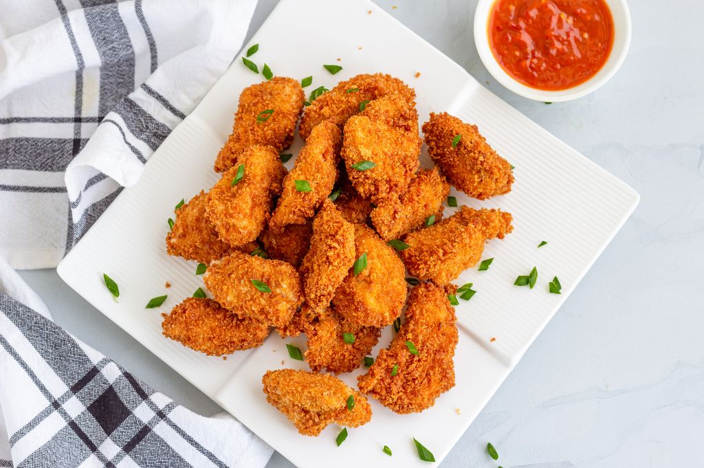 Chicken Nuggets with Ketchup, Popular American Fast Food, Snack, Quick Bites, Appetizer, Directly Above Photo.