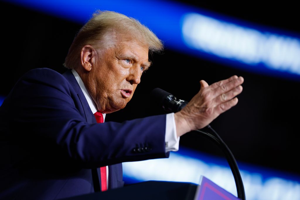 Republican presidential nominee, former President Donald Trump holds a campaign rally at the PPG Paints Arena on November 04, 2024 in Pittsburgh, Pennsylvania. With one day left before the general election, Trump is campaigning for re-election in the battleground states of North Carolina, Pennsylvania and Michigan.