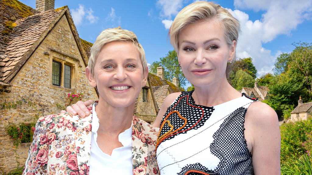 Creative image with Ellen and Portia placed on top of stock photo of traditional Cotswolds home