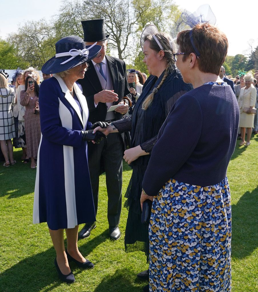 Camilla in a Bruce Oldfield coat dress and heels