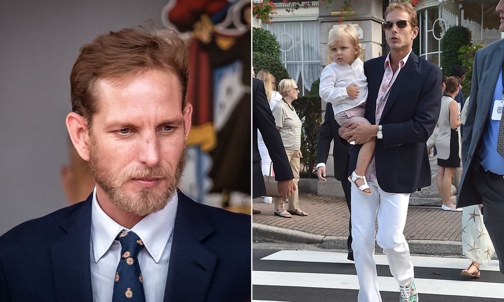 Split image of Andrea Casiraghi with and without a beard; in the second image he is carrying a child