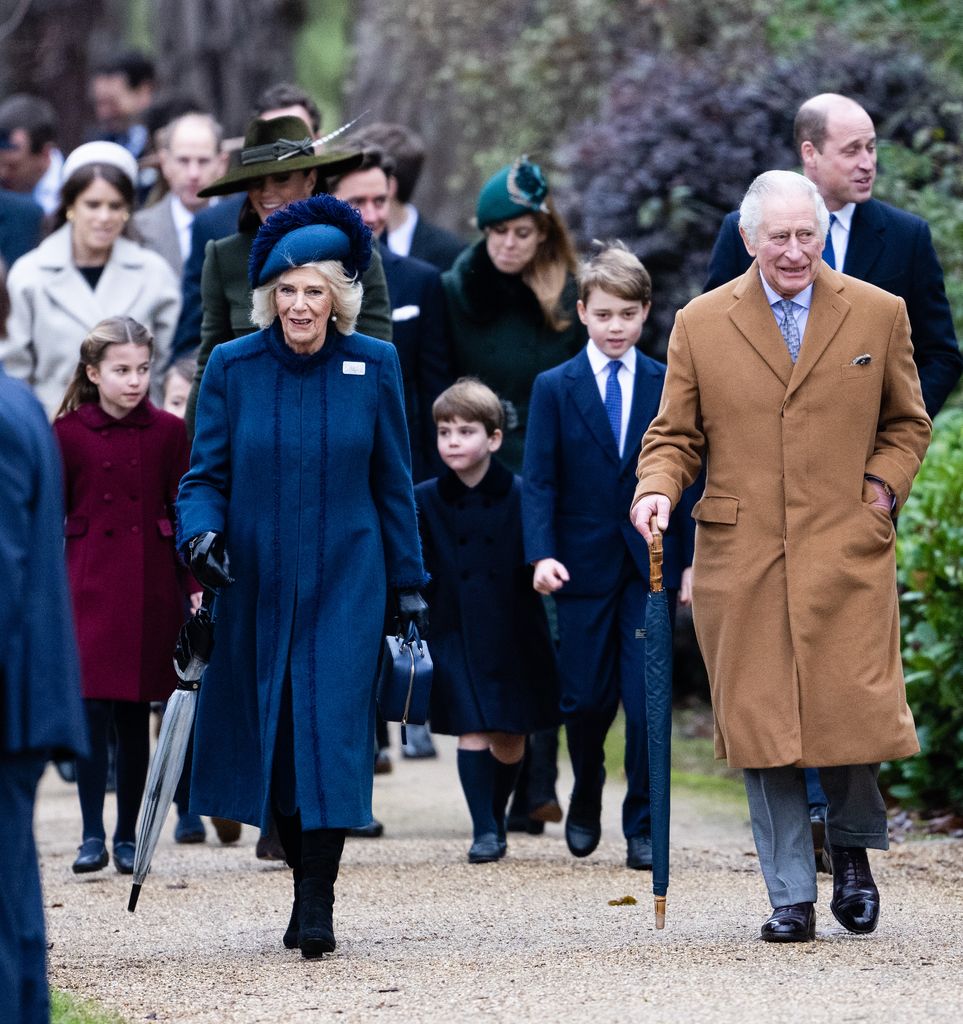 Princess Charlotte, Catherine, Princess of Wales, Camilla, Queen Consort, Prince Louis, Prince George and King Charles III attend the Christmas Day service at Sandringham Church on December 25, 2022 in Sandringham