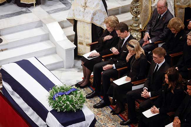 Greeces former Queen Anne Marie, former Crown Prince Pavlos and Princess Marie Chantal at King Constantines funeral