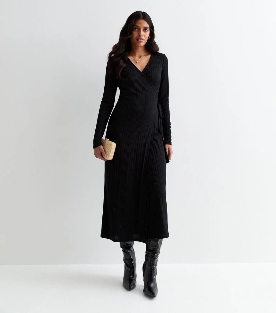New Look Black Ribbed Long Sleeve Wrap Midi Dress