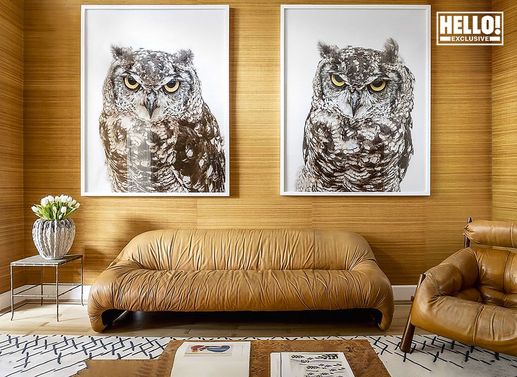 Victoria-Maria Geyer's Brussels living room with two giant owl paintings