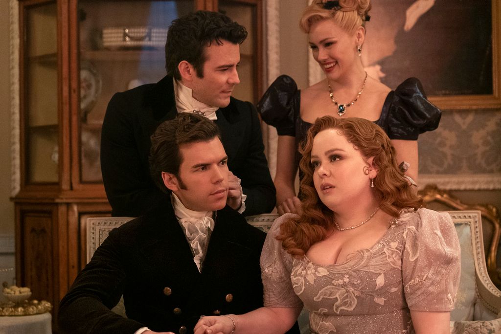 Jonathan Bailey as Anthony Bridgerton, Hannah New as Lady Tilley Arnold, Luke Thompson as Benedict Bridgerton, Nicola Coughlan as Penelope Featherington in Bridgerton