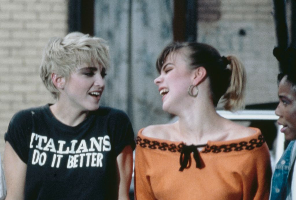 Madonna and Debi Mazar filming the video for 'Papa Don't Preach' in New York City, 1986
