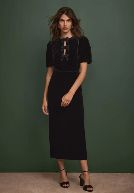 Mint Velvet Black Velvet Bow Midi Dress