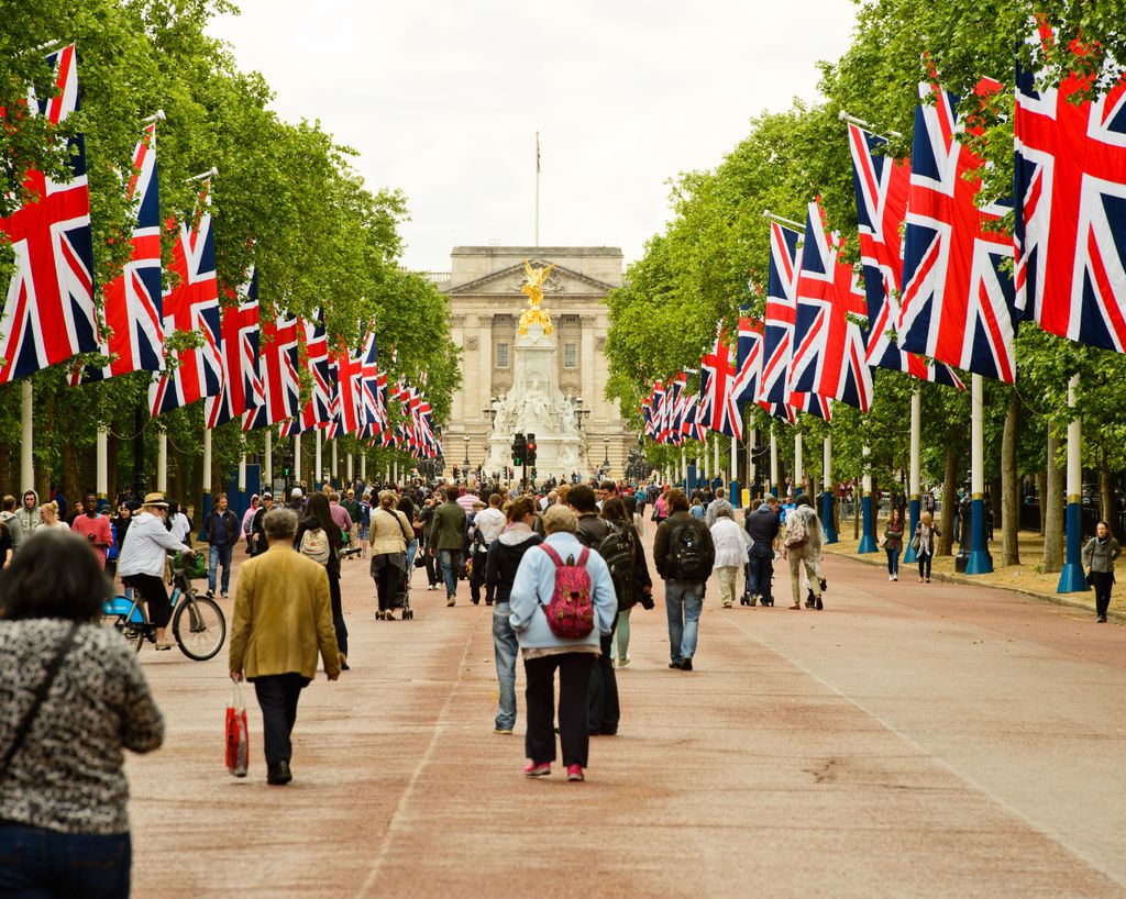 The Mall Road leading to Buckingham Palace adorned with British Flags