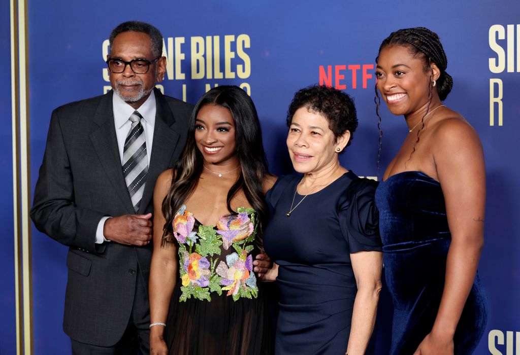 Ron Biles, Simone Biles, Nellie Biles and Adria Biles attend the Los Angeles premiere of Netflix's "Simone Biles Rising: Part 2" at The Egyptian Theatre Hollywood