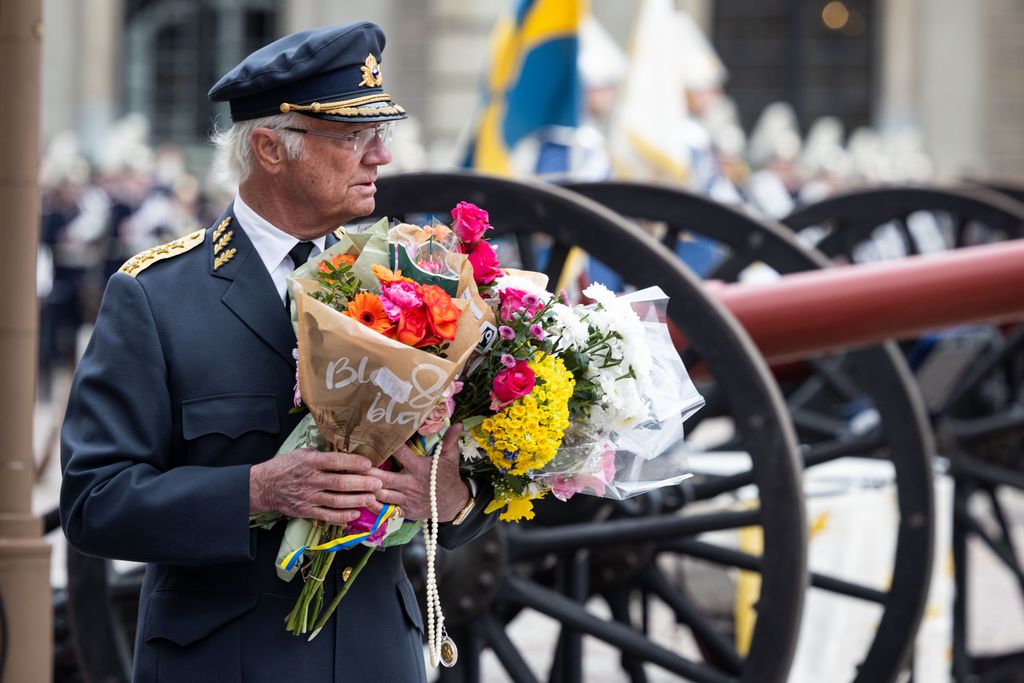 King Carl XVI Gustaf of Sweden attends the King's birthday celebrations at the inner courtyard of the Royal Palace