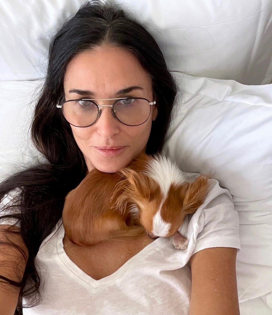 Photo posted by Demi Moore May 5 on Instagram laying in bed with her dog Pilaf