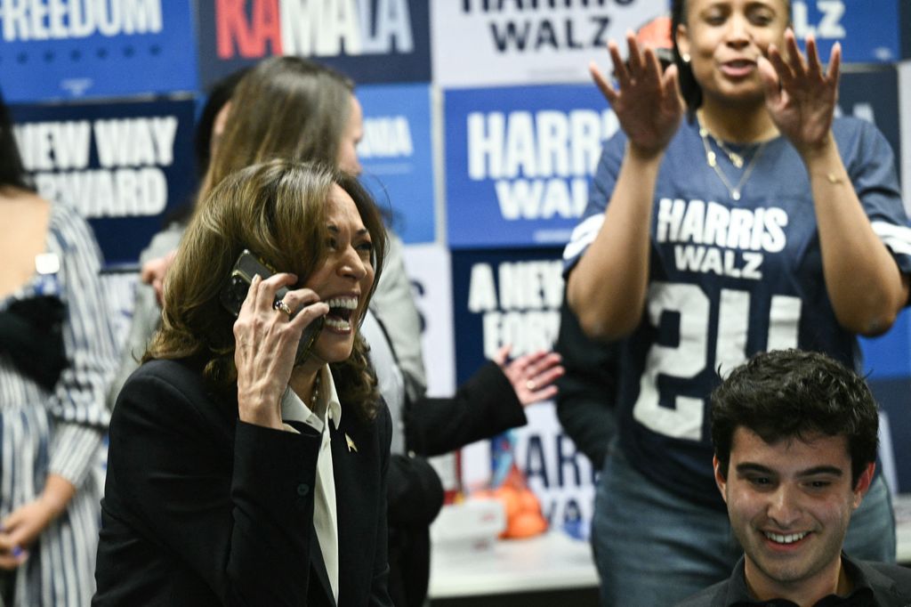 US Vice President and Democratic presidential candidate Kamala Harris takes part in a phone bank at the Democratic National Committee