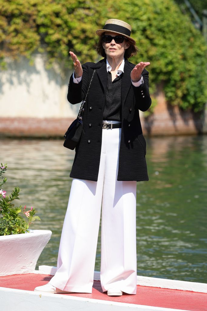 Sigourney Weaver arrives at the Excelsior pier ahead of the 81st Venice International Film Festival at Excelsior Hotel on August 27, 2024 in Venice, Italy