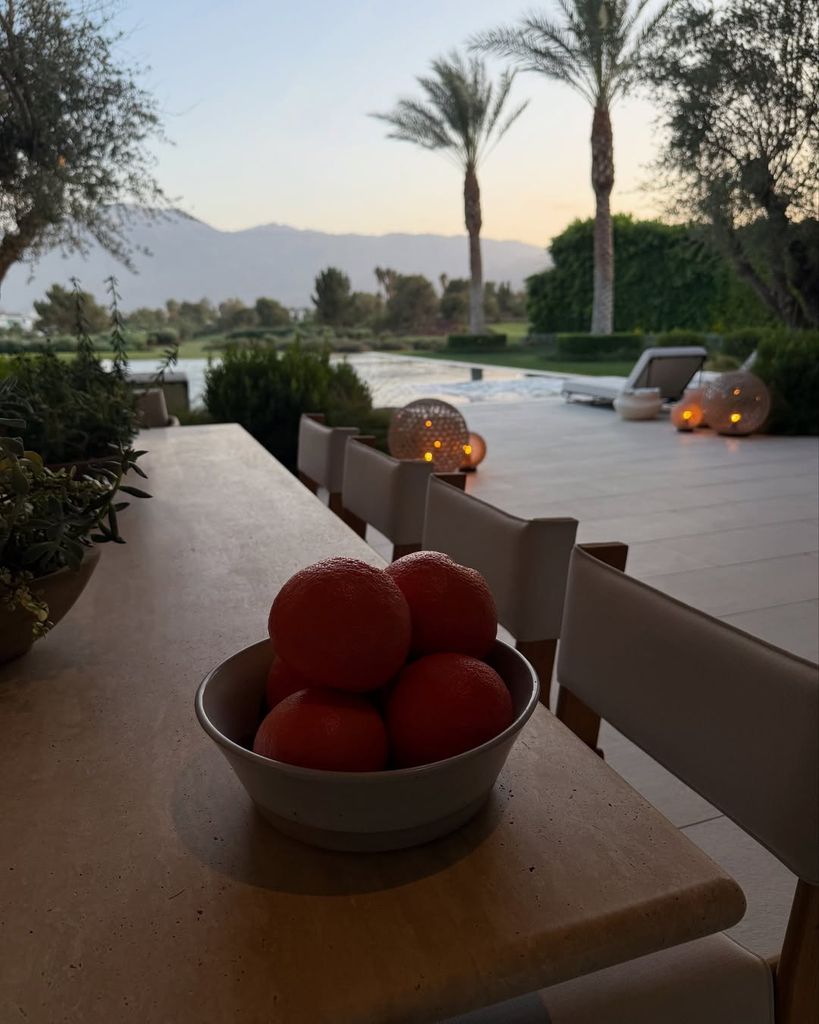 Outdoor dining table with pool and garden terrace in the background
