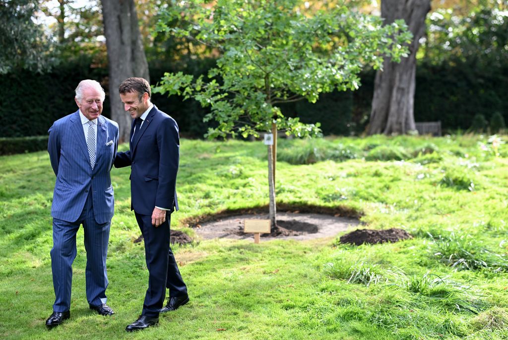 King Charles and Emmanuel Macron stood in front of an oak tree sapling