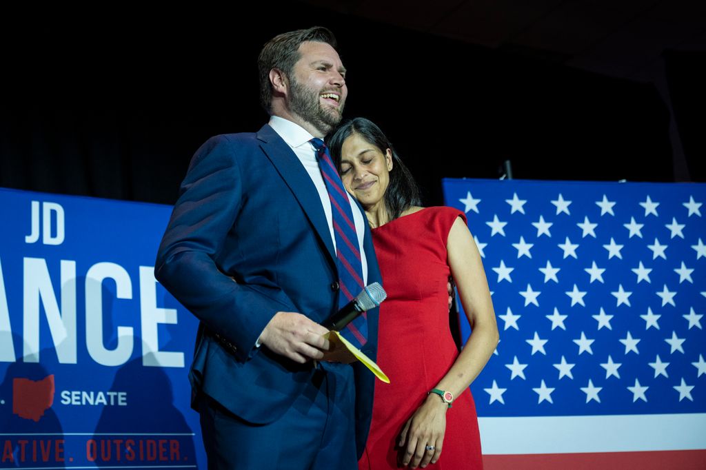 Republican U.S. Senate candidate J.D. Vance embraces his wife Usha Vance after winning the primary, at an election night event at Duke Energy Convention Center on May 3, 2022 in Cincinnati, Ohio