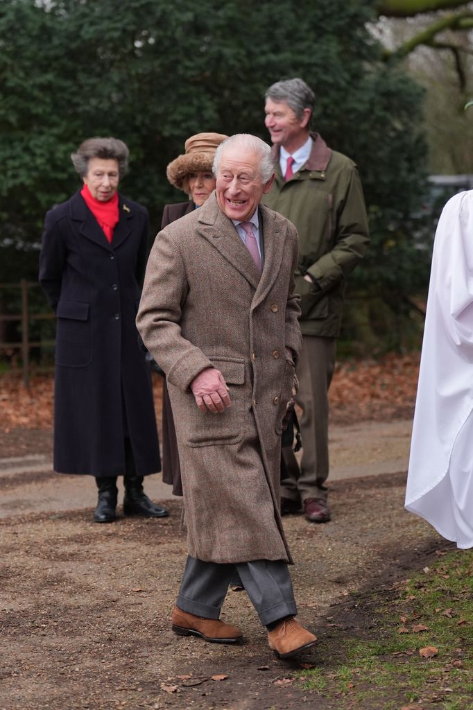 King Charles III, Queen Camilla, the Princess Royal and her husband Vice Admiral Sir Tim Laurence heading to church in coats