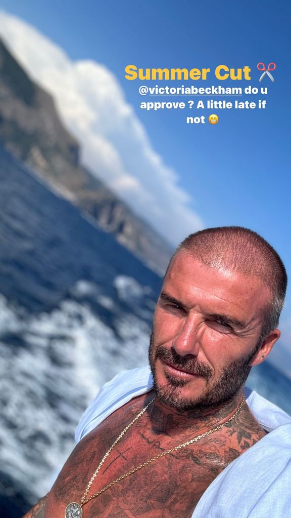 David Beckham showing off his new buzz cut 