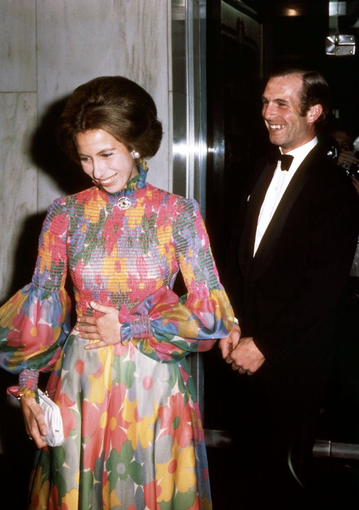 Princess Anne in floral dress with mark phillips in 1970s