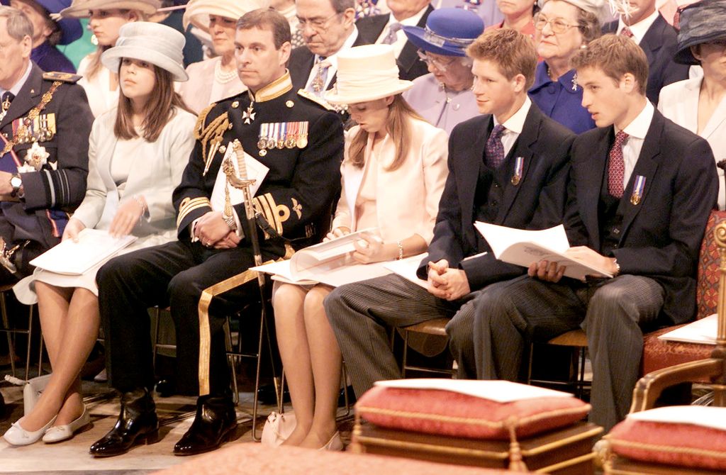 Princess Eugenie, Prince Andrew, Princess Beatrice, Prince William and Prince Harry attend the service in celebration of the Queen's Golden Jubilee at St. Paul's Cathedral on June 4, 2002