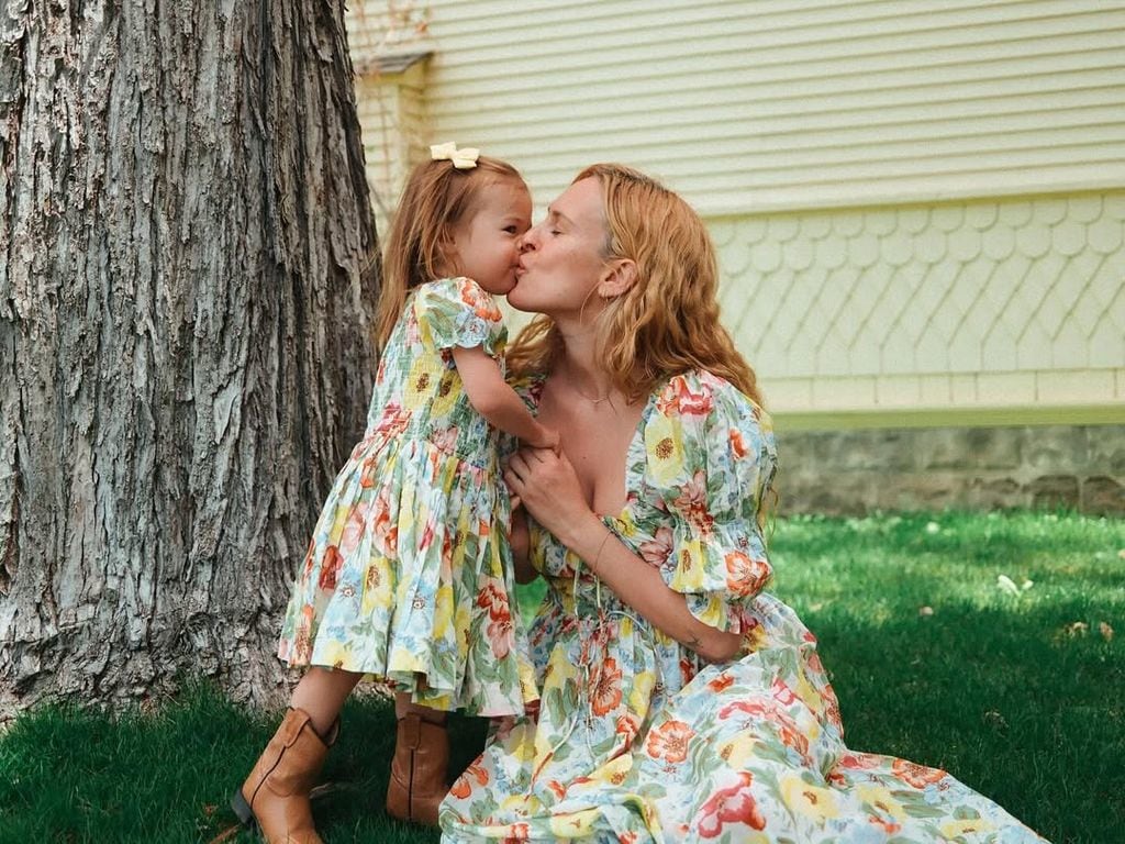 Rumer Willis and her daughter Louetta Isley Thomas Willis embrace in matching dresses in the garden, shared on Instagram