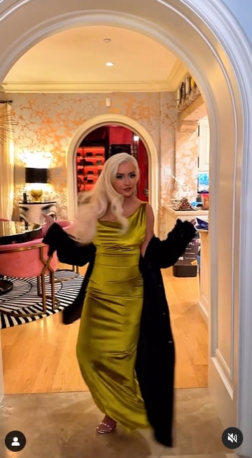 Christina aguilera in green velvet dress in dining room