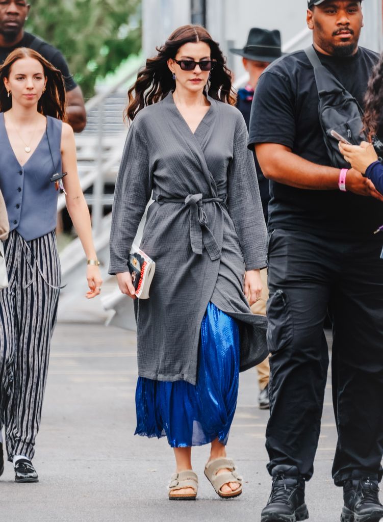 Anne Hathaway is seen on the set of "The Devil Wears Prada 2" on August 19, 2025 in New York City.  (Photo by XNY/Star Max/GC Images)