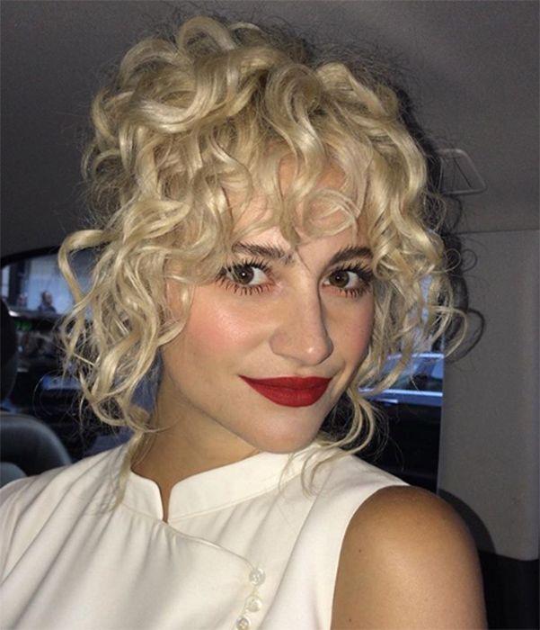pixie lott red lips curly hair