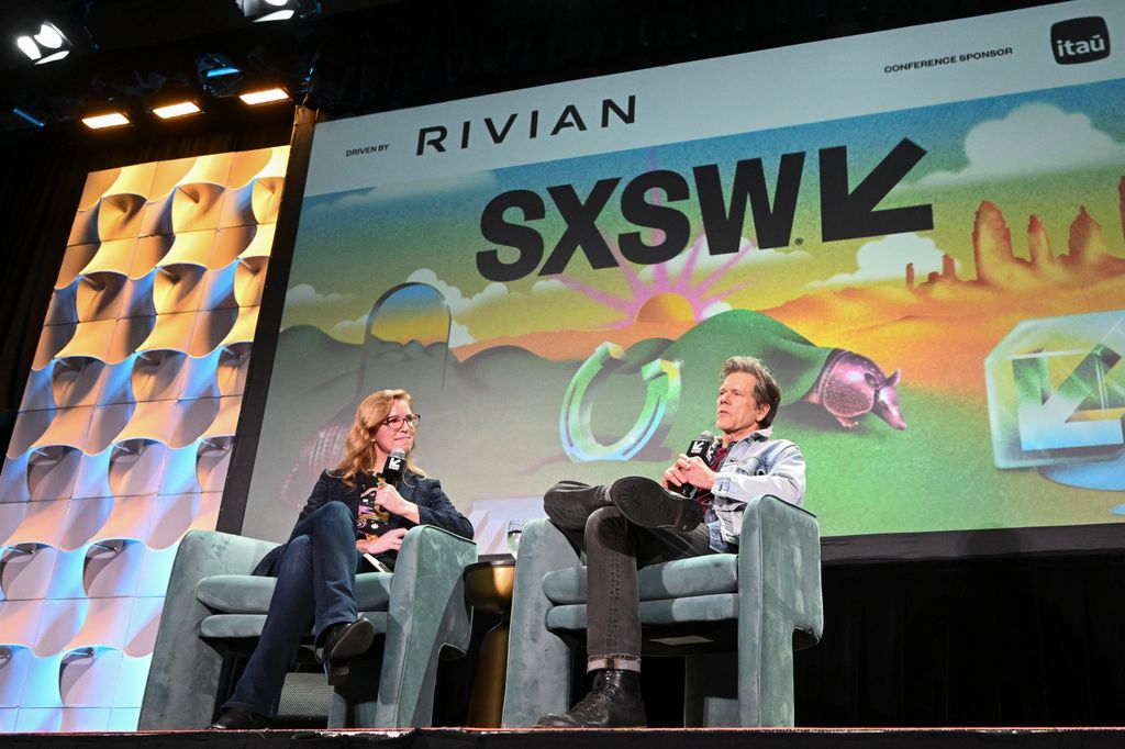 Kara Warner and Kevin Bacon speak during 'Kevin Bacon: A Career Retrospective From Footloose to The Bondsman' at Austin Convention Center on March 07, 2025 in Austin, Texas