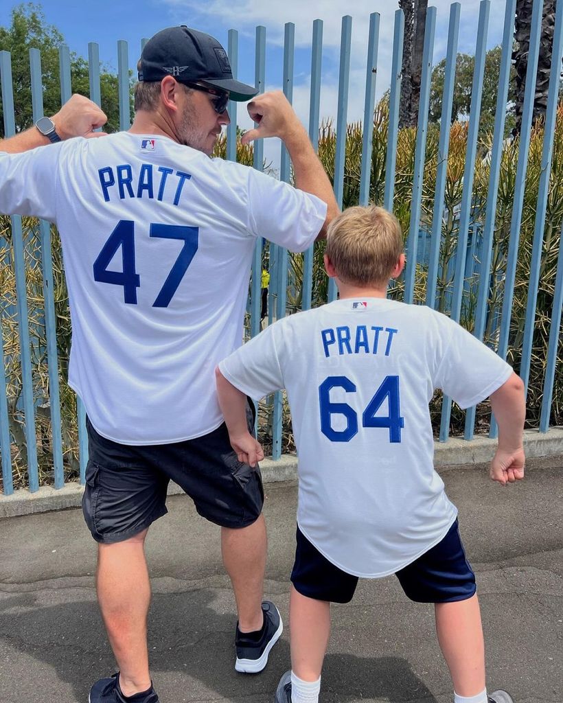 Chris Pratt in PRATT 47 jersey and son Jack in PRATT 64 jersey