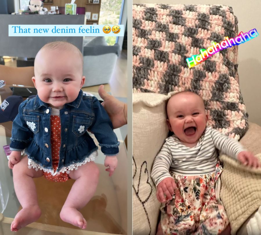 Kaley Cuoco's daiughter sits in a denim jacket, in a second picture she is photographed screaming with joy 