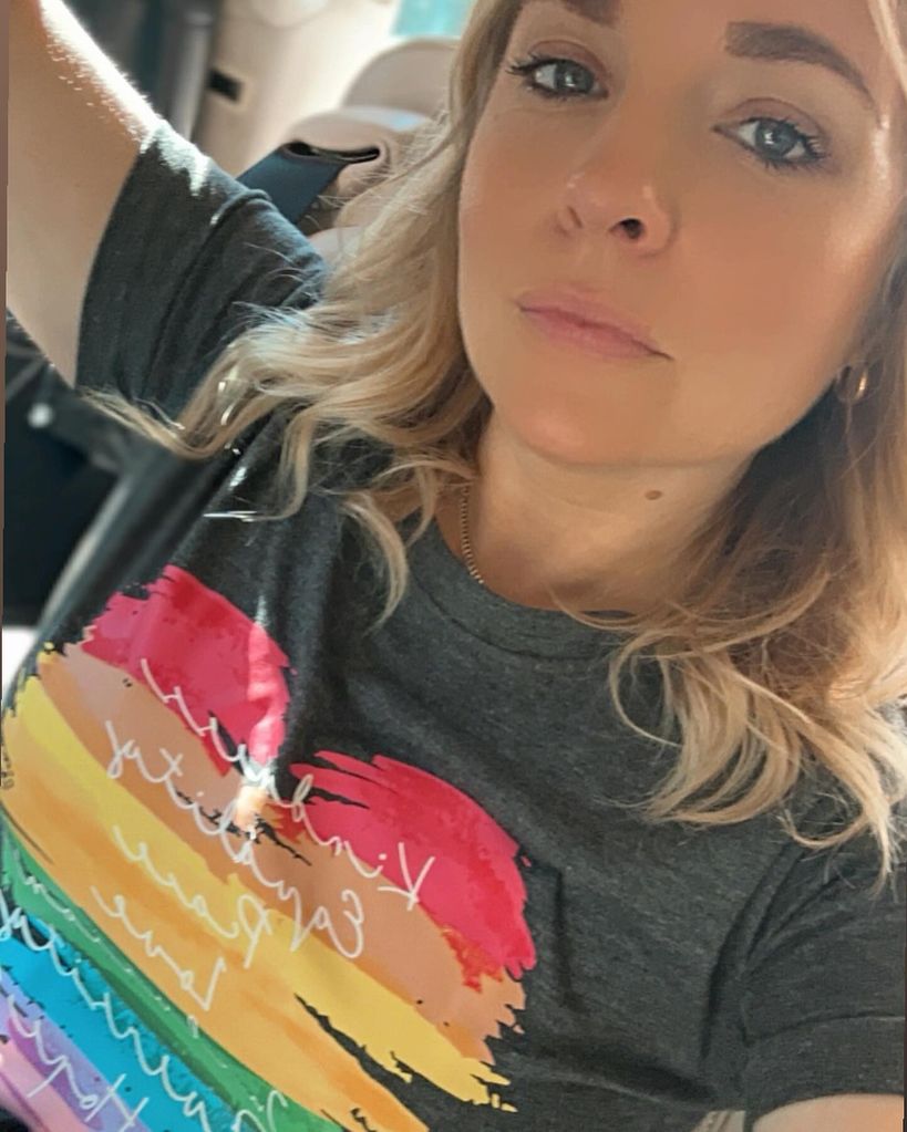 Georgia Tennant wearing a Pride T-shirt 