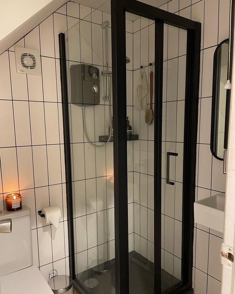 shower in monochrome bathroom