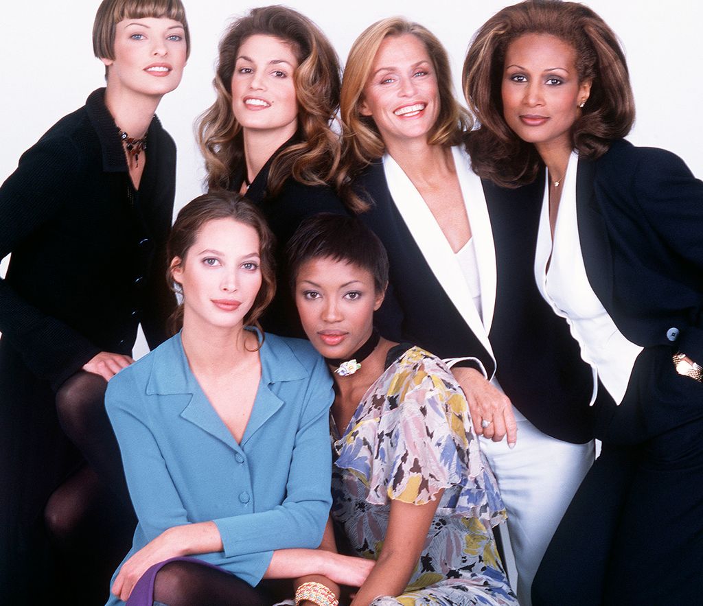 Linda Evangelista, Cindy Crawford, Christy Turlington and Naomi Campbell in 1993 with Lauren Hutton and Beverly Johnson