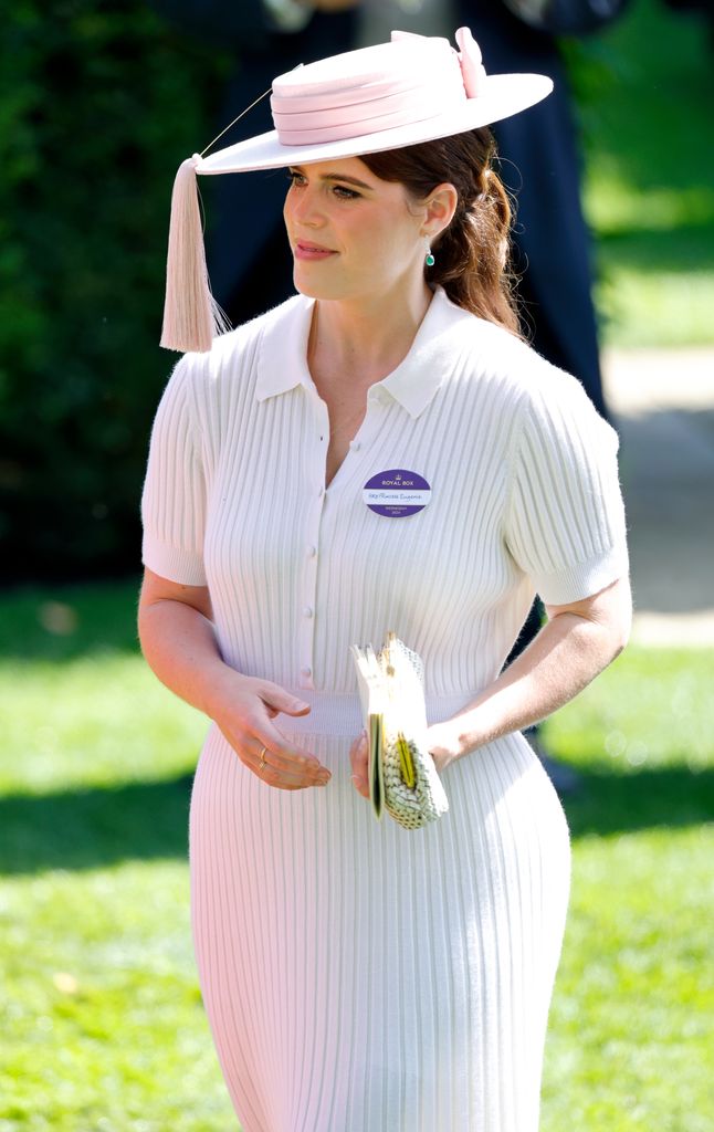 Princess Eugenie side on in light pink dress and hat