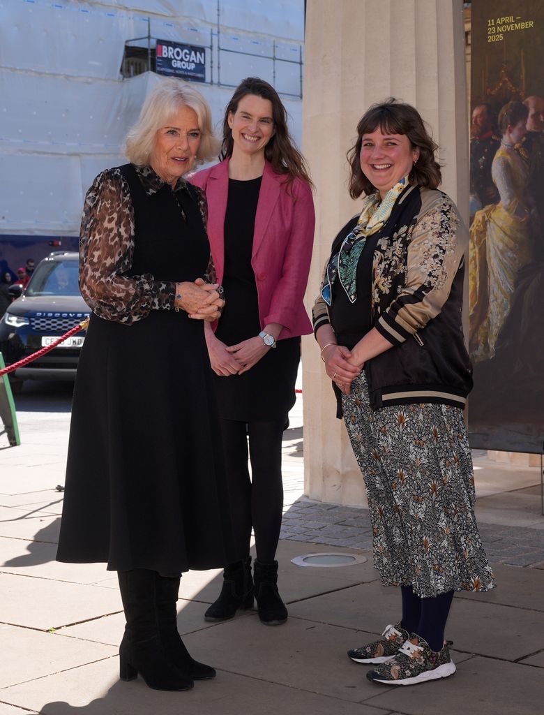 Queen Camilla speaking with Elephant Family's Hilary Thomas and painter, Alice Shirley