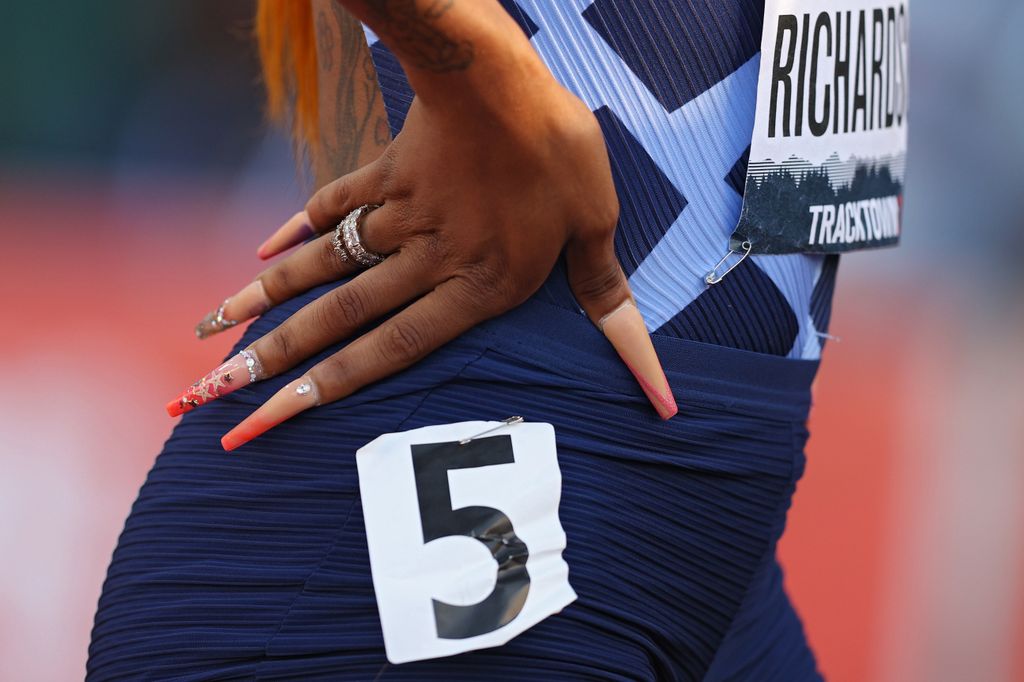 A detailed view of finger nails of Sha'Carri Richardson after she competed in the first round of the Women's 100 Meter during day one of the 2020 U.S. Olympic Track & Field Team Trials at Hayward Field on June 18, 2021 in Eugene, Oregon