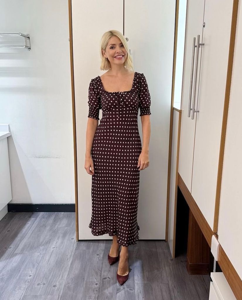 Holly Willoughby wears Rixo's Sathya dress in Polka Dot Brown