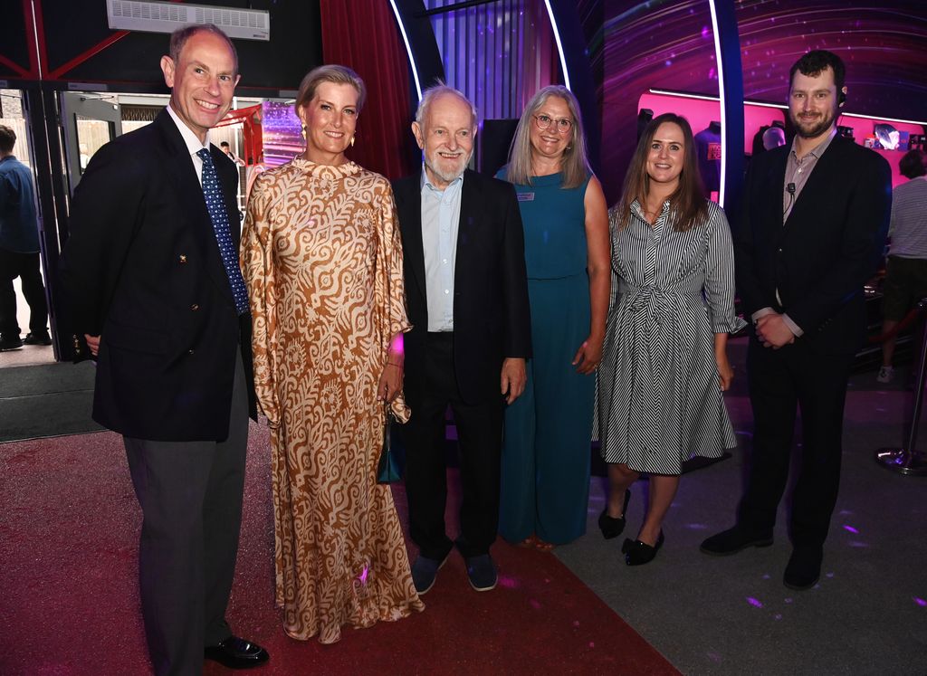 The Duke and Duchess of Edinburgh stood with Sir Richard Stilgoe, CEO of The Orpheus Centre Rachel Black, The Orpheus Centre Events Fundraiser Megan Robson and Theatre Manager for the Troubadour Wembley Park Theatre Ash Benzaiten